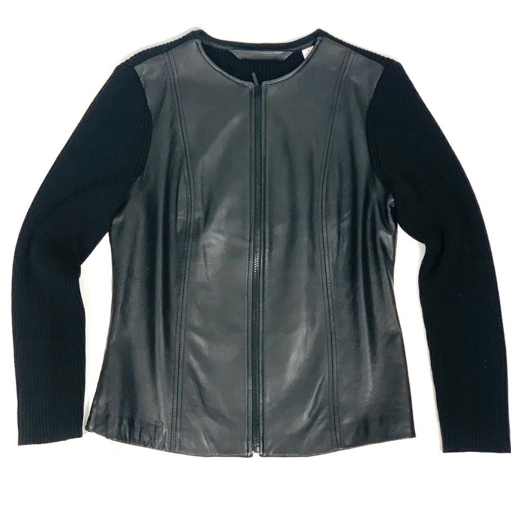 Investments Black Leather Jacket with Knit Sleeves and Back Sz M